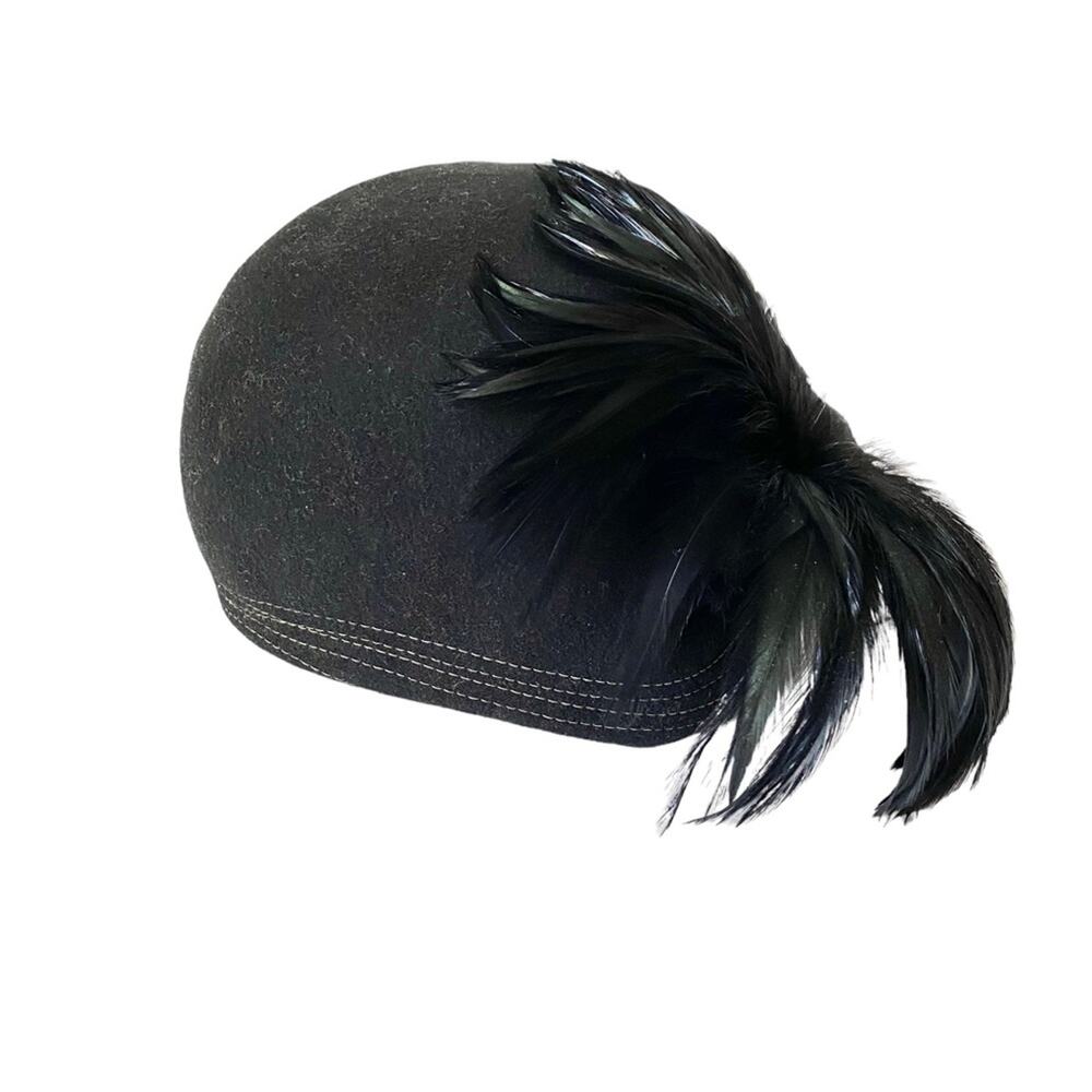 Vintage Bellini Originals Black Doeskin Felt Wool Feather Hat Topstitching USA